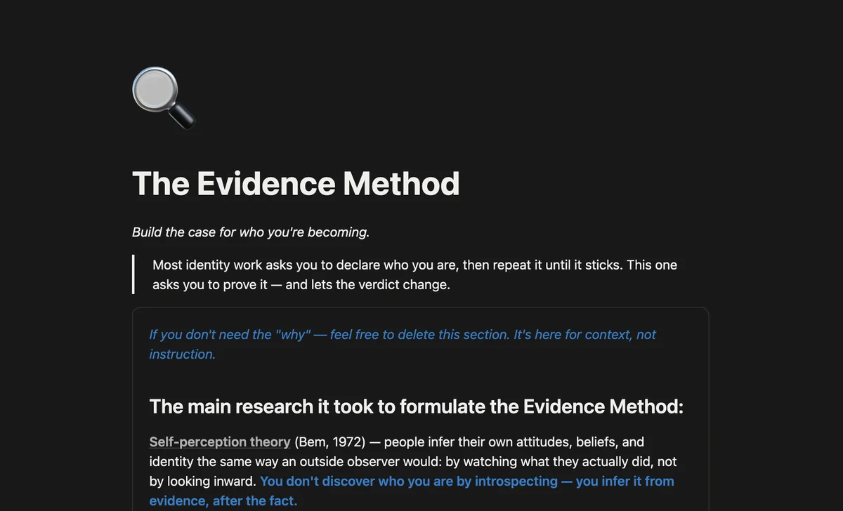 The Evidence Method Notion template preview in dark mode