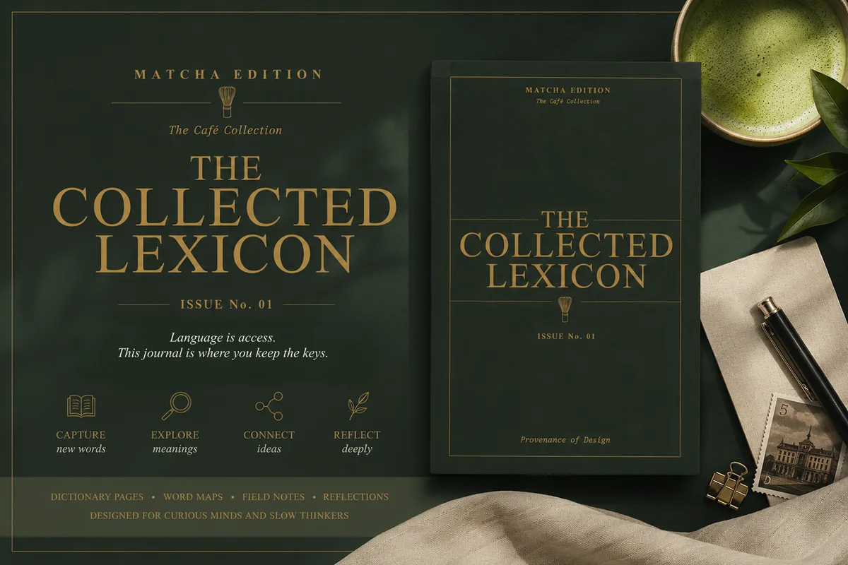 Matcha green Collected Lexicon journal cover beside a bowl of matcha
