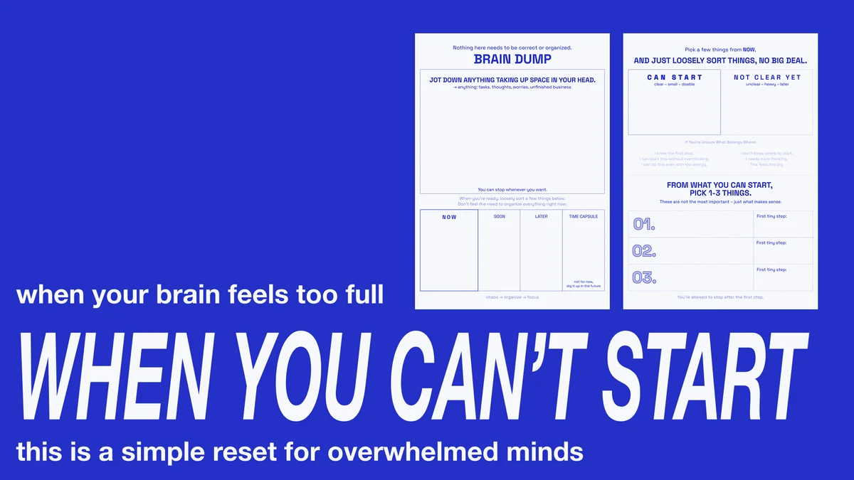 Blue cover showing the two-page brain dump and reset worksheet