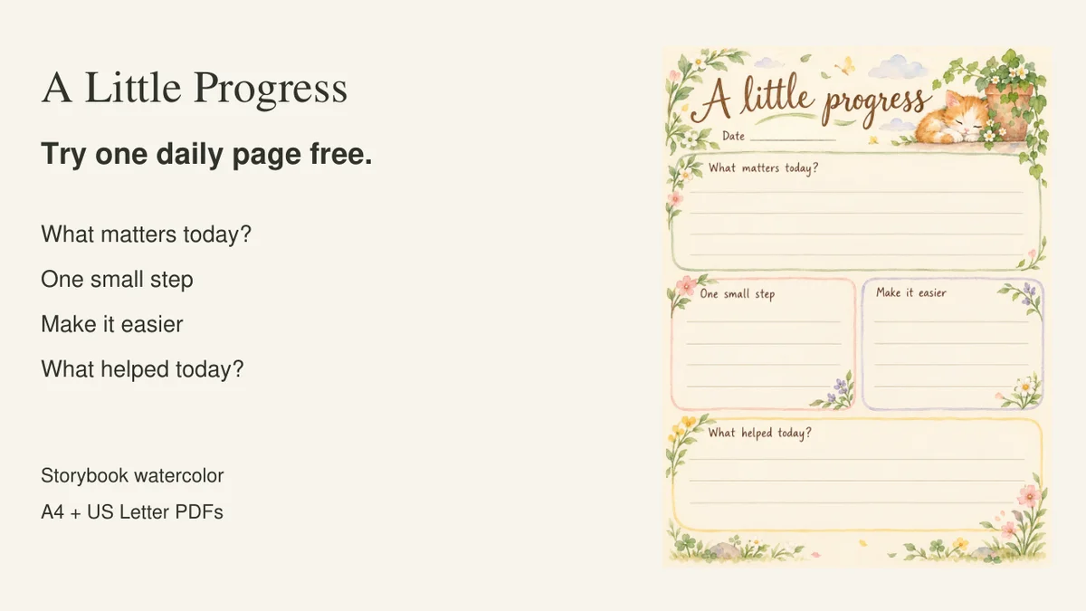 Storybook daily planner with a sleeping cat, flowers, and four writing prompts