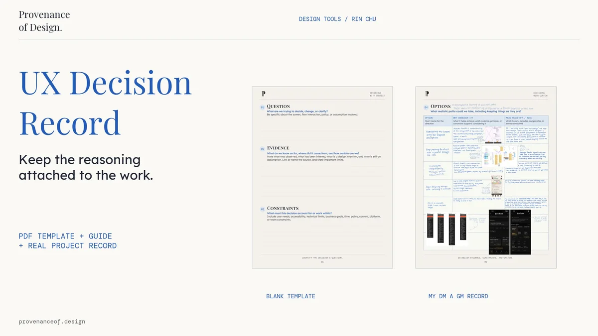 UX Decision Record cover showing a blank template beside my handwritten DM a GM project record
