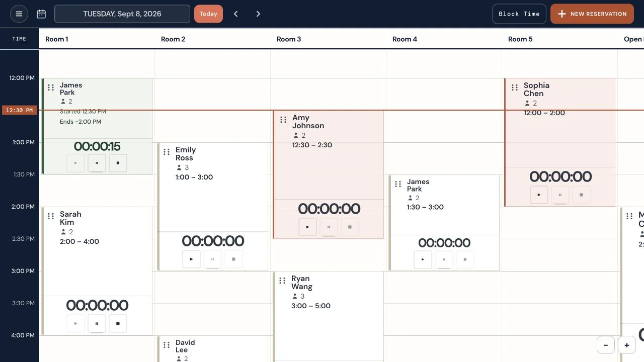 Owner booking schedule with room columns, fictional reservations and a running session timer
