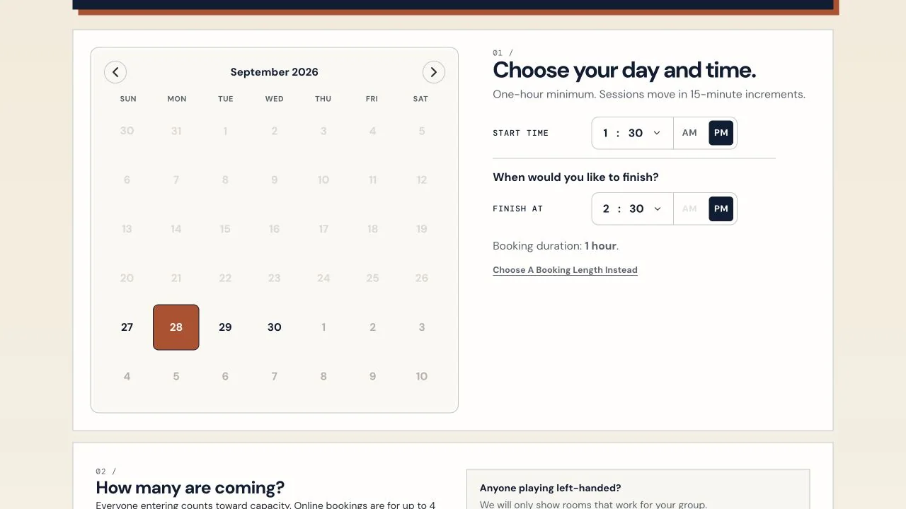 Customer-facing BayFlow booking calendar with linked start and finish times