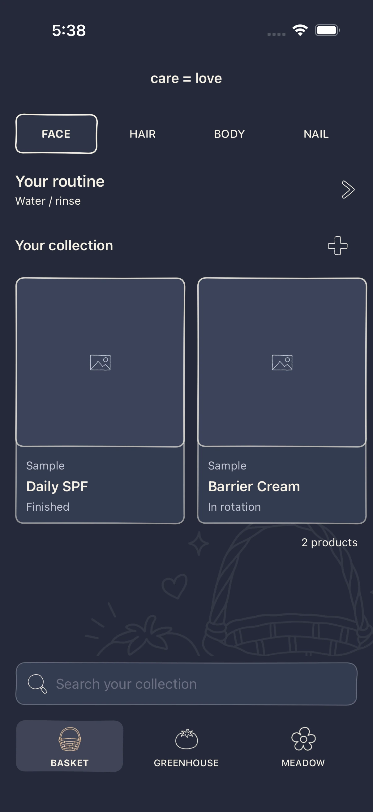 Basket: routine summary, product collection, search, and persistent navigation.