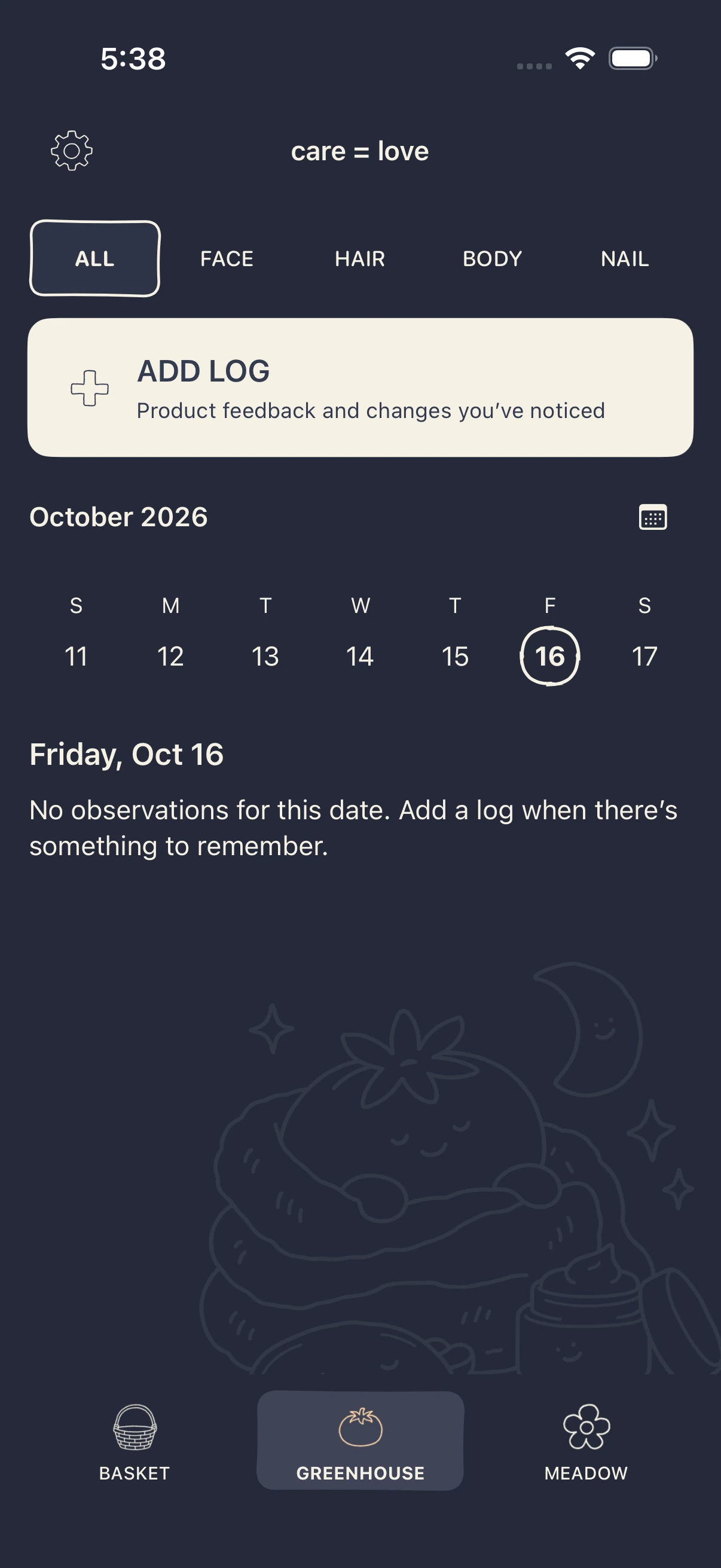 Greenhouse: care-area filters, Add Log, and a dated observation timeline.