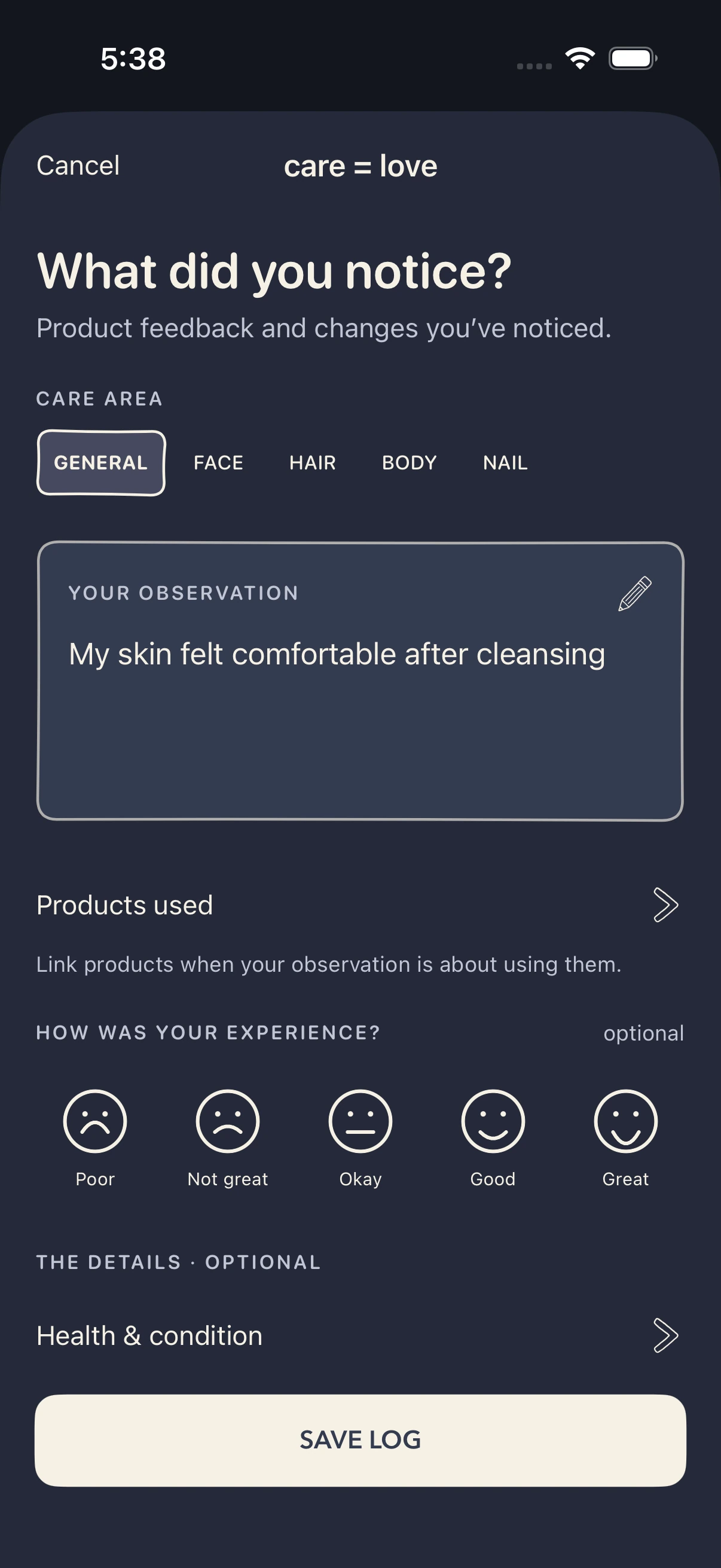 Observation draft with product links, optional experience rating, and optional health details.