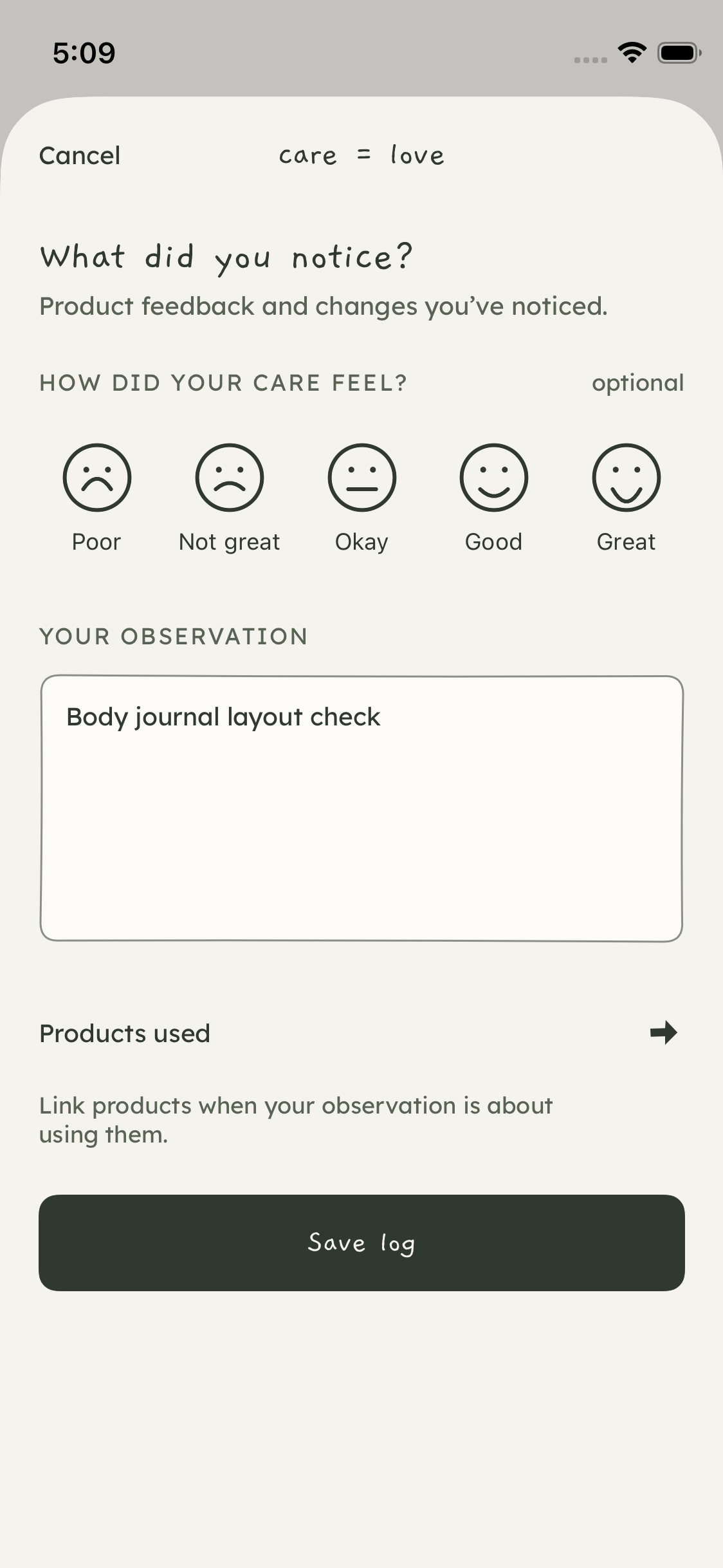 Simplified log composer with experience before observations. Synthetic Body journal text. October 22, 2026.