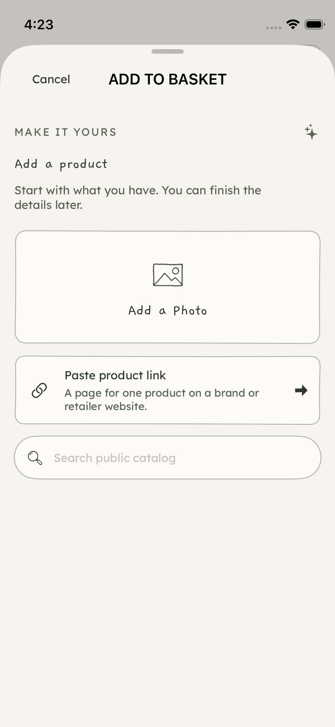 Photo-first product chooser with link entry and inline public-catalog search. Simulator capture. October 22, 2026.