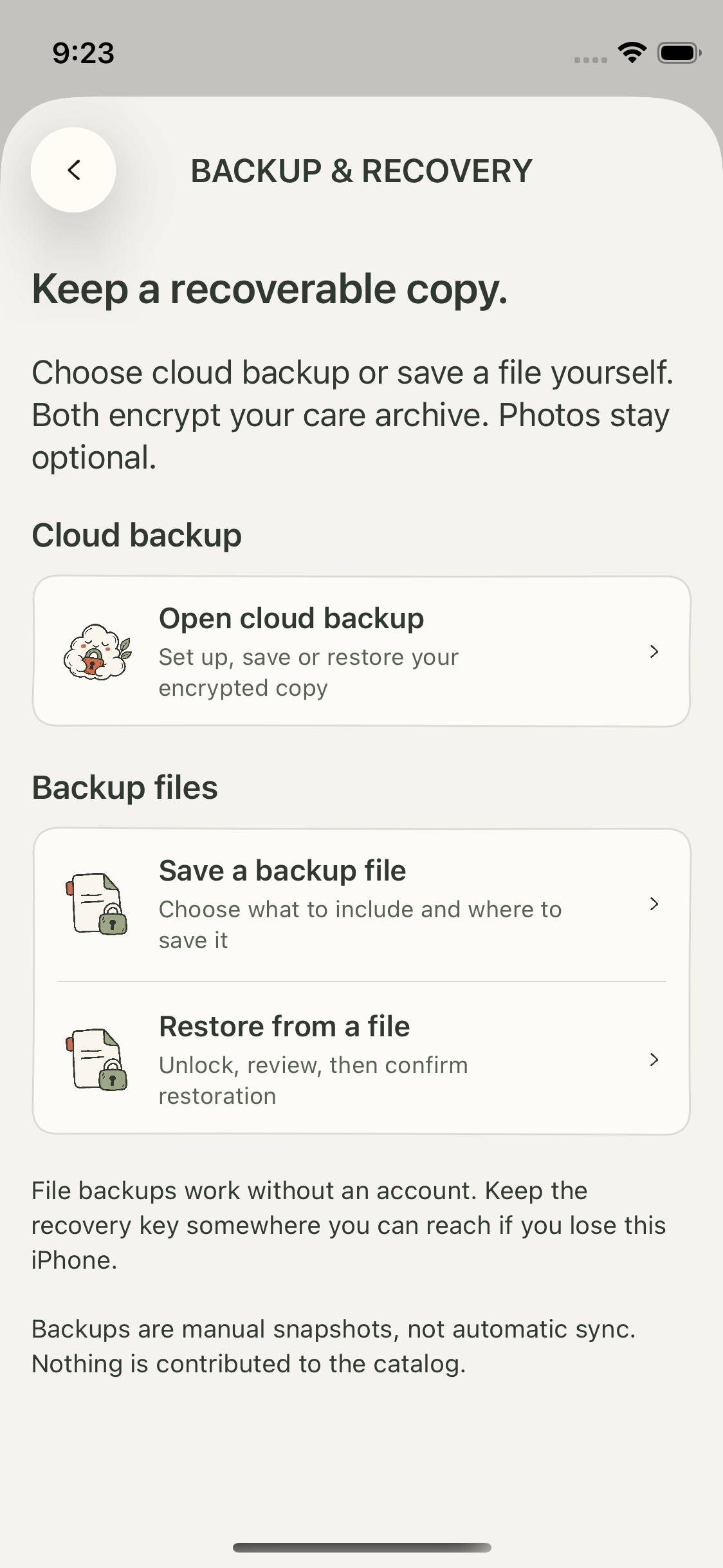 Backup hub separating optional cloud backup from account-free file backup and restore. Large-text simulator checkpoint. October 20, 2026.