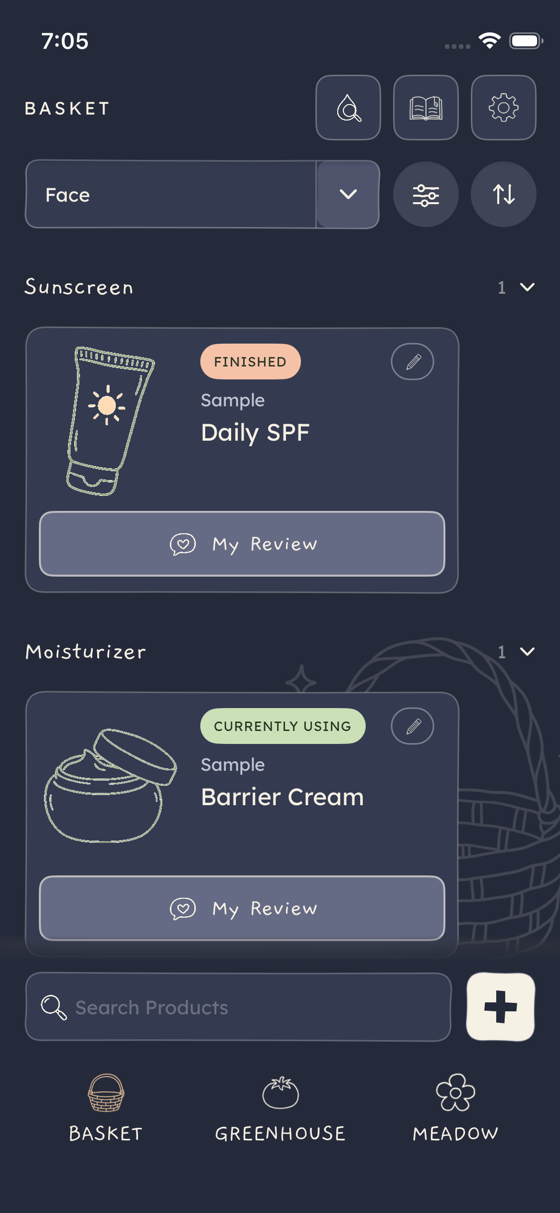 Basket night appearance with status pills, edit controls and a shaded My Review button. Sample products. October 22, 2026.