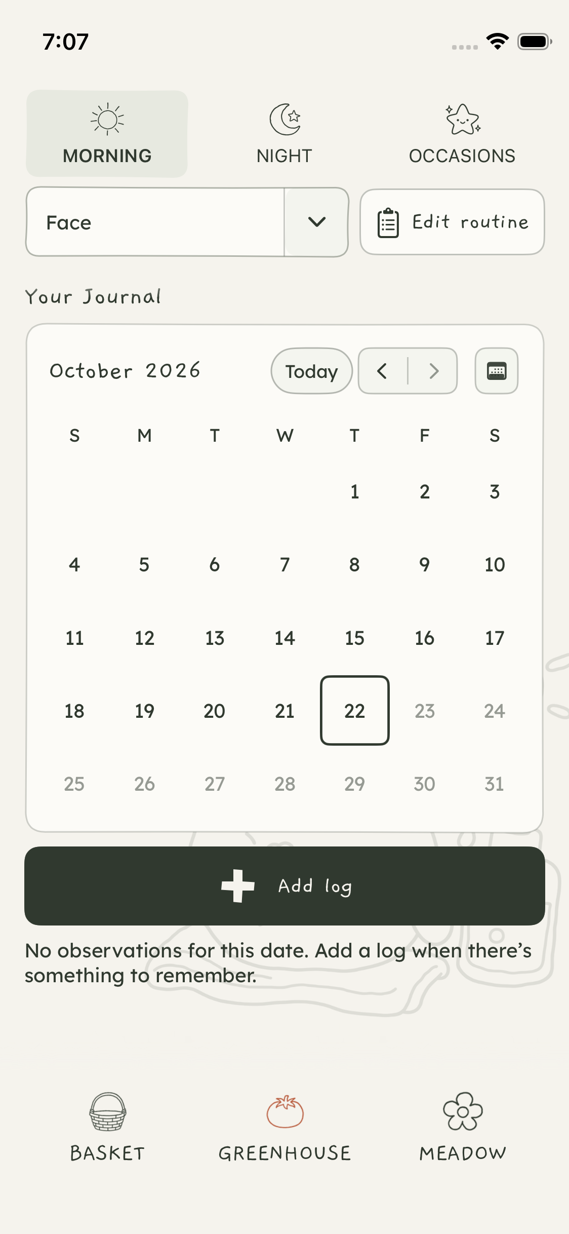 Greenhouse with pinned routine controls, joined navigation arrows and square calendar selection. Simulator capture. October 22, 2026.