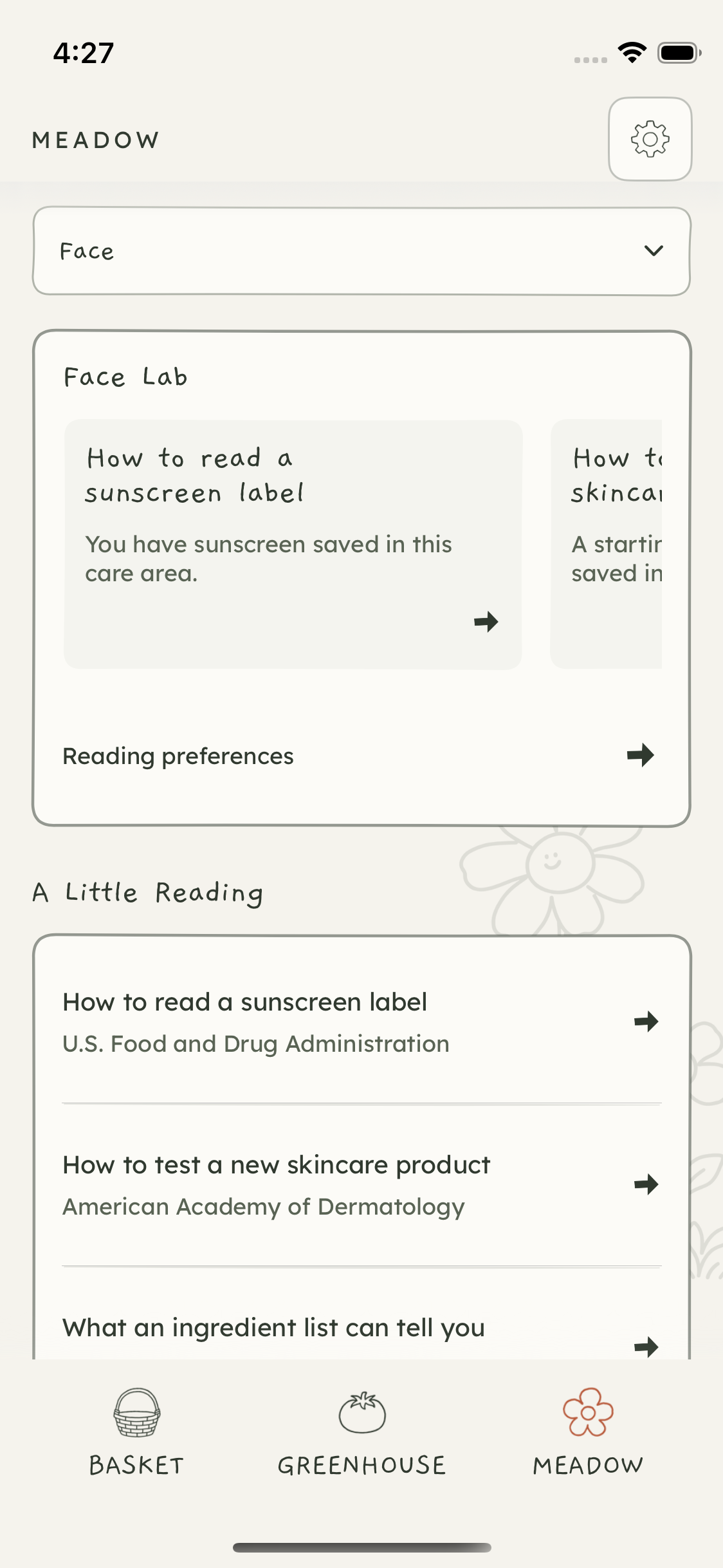 Meadow Face Lab with an explained reading match and area-specific content. Sample collection. October 21, 2026.