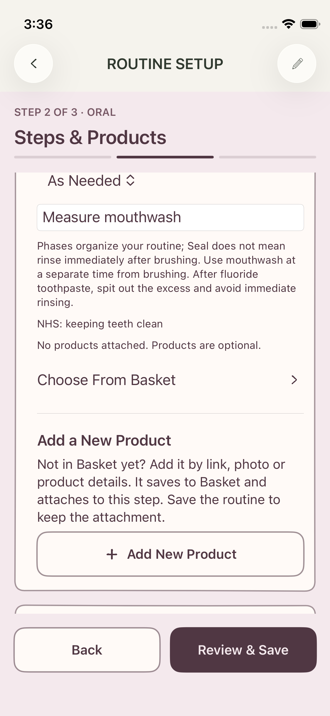 Oral routine setup with optional actions and products. Simulator checkpoint; instructional copy is part of the app, not new advice in this report. October 20, 2026.