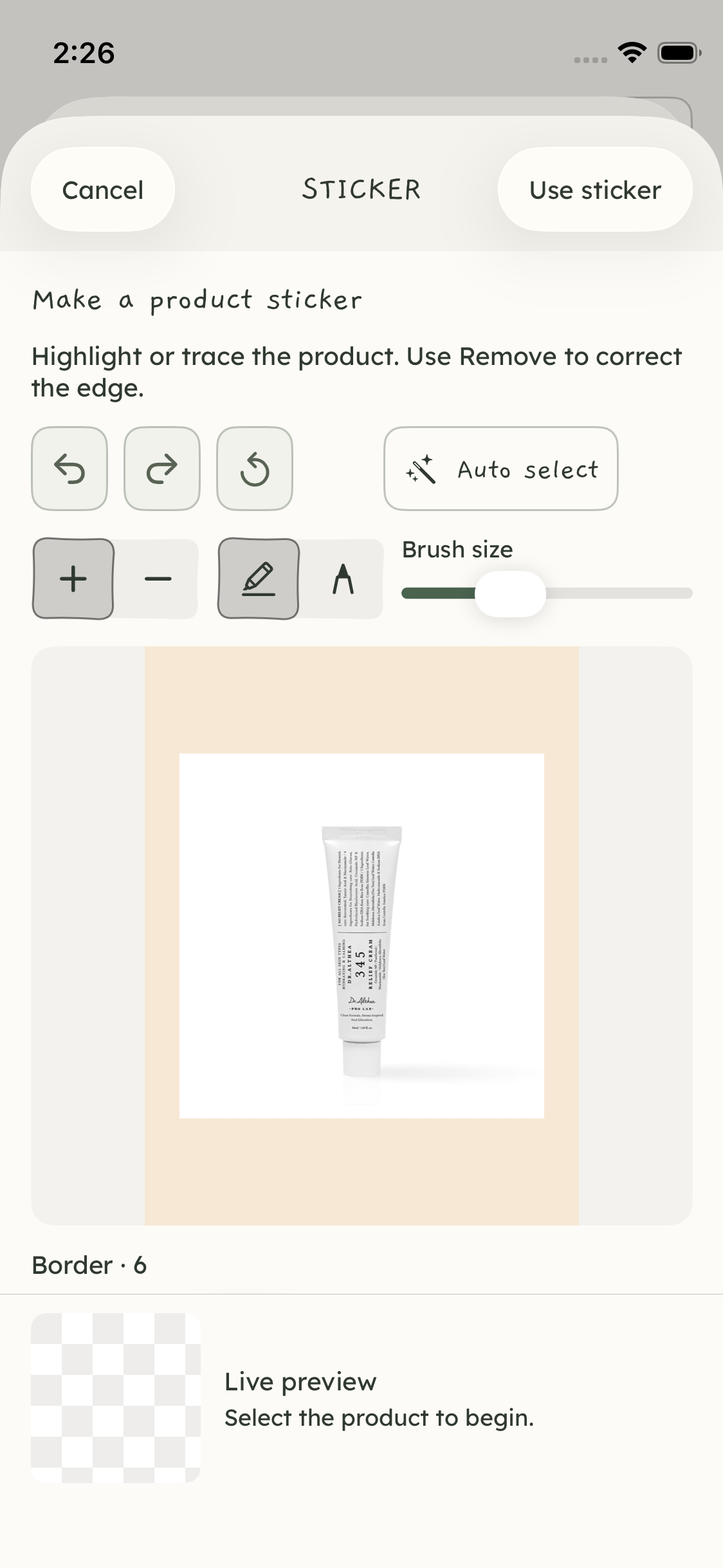 Sticker editor showing Keep/Remove, drawing tools and undo/redo before selection. Test product image; not a finished cutout. October 22, 2026.