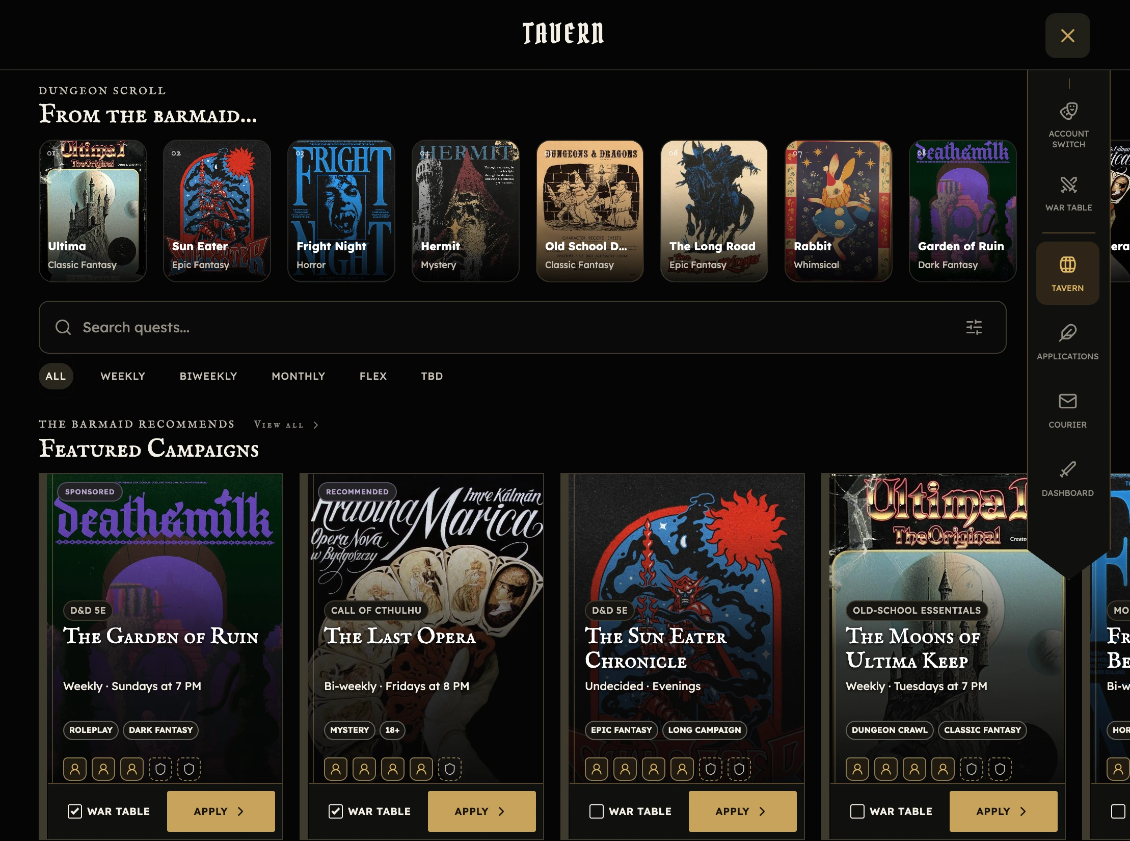 Current DM a GM Tavern with campaign discovery, schedule filters, featured campaigns, and the right-hand navigation