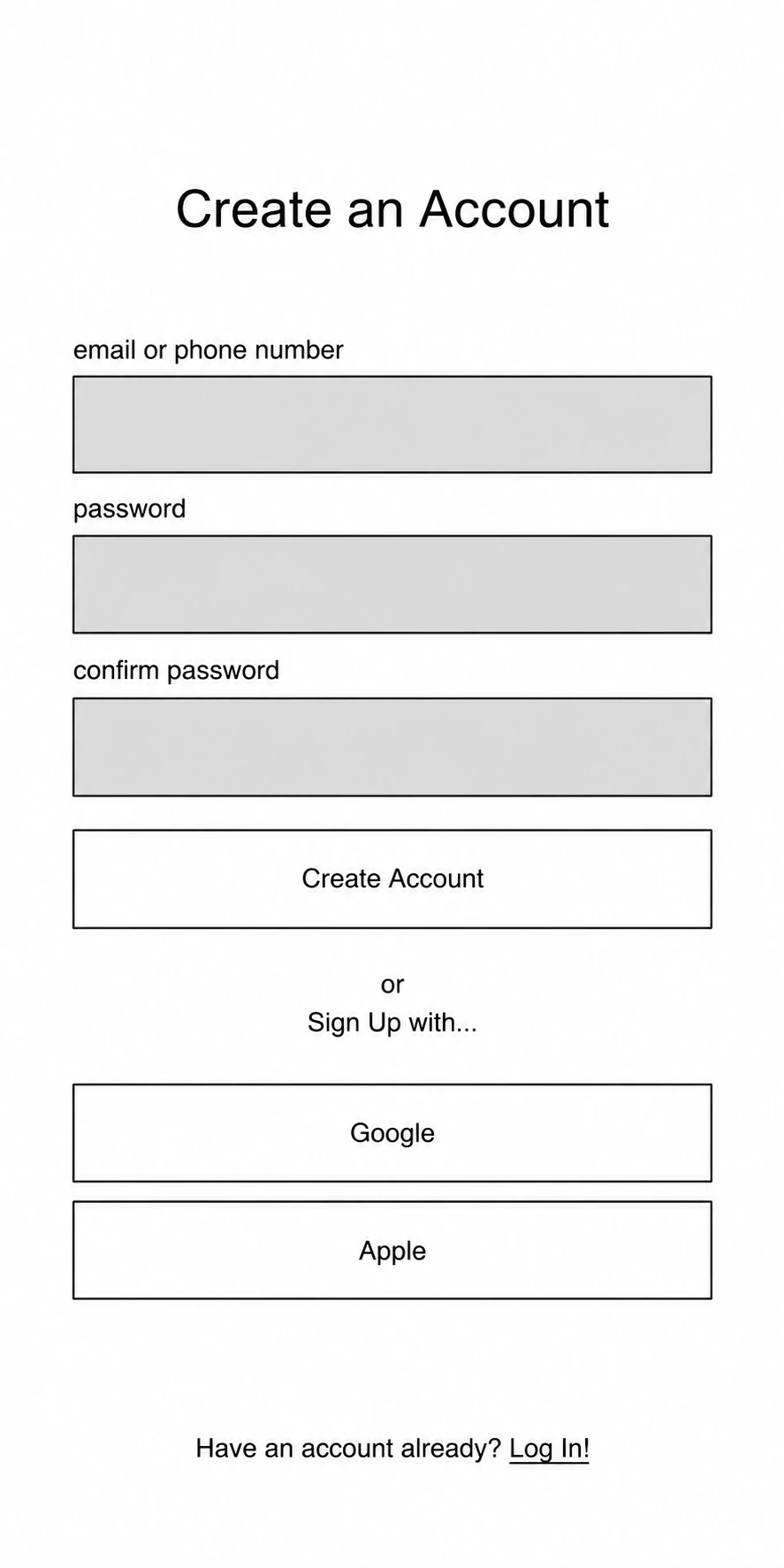 Reconstructed early DM a GM wireframe: Create an account.