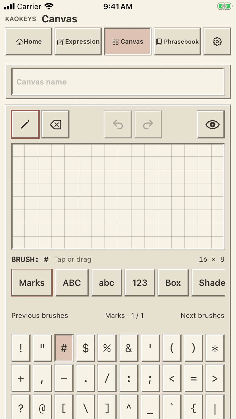 KaoKeys Canvas page with a drawing grid, brush categories, and character controls.
