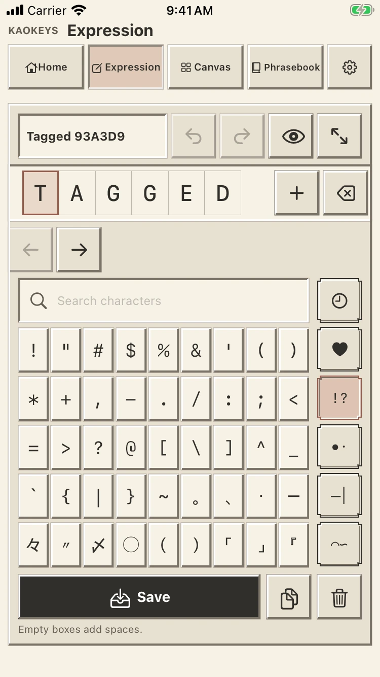 KaoKeys Expression editor with character boxes, editing controls, and a nine-column character grid.