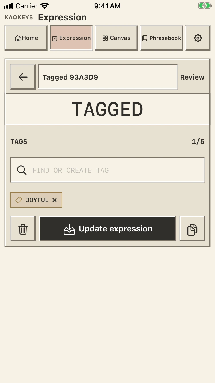 KaoKeys expression review with a tag search field, one JOYFUL tag chip, and a one-of-five selection count.