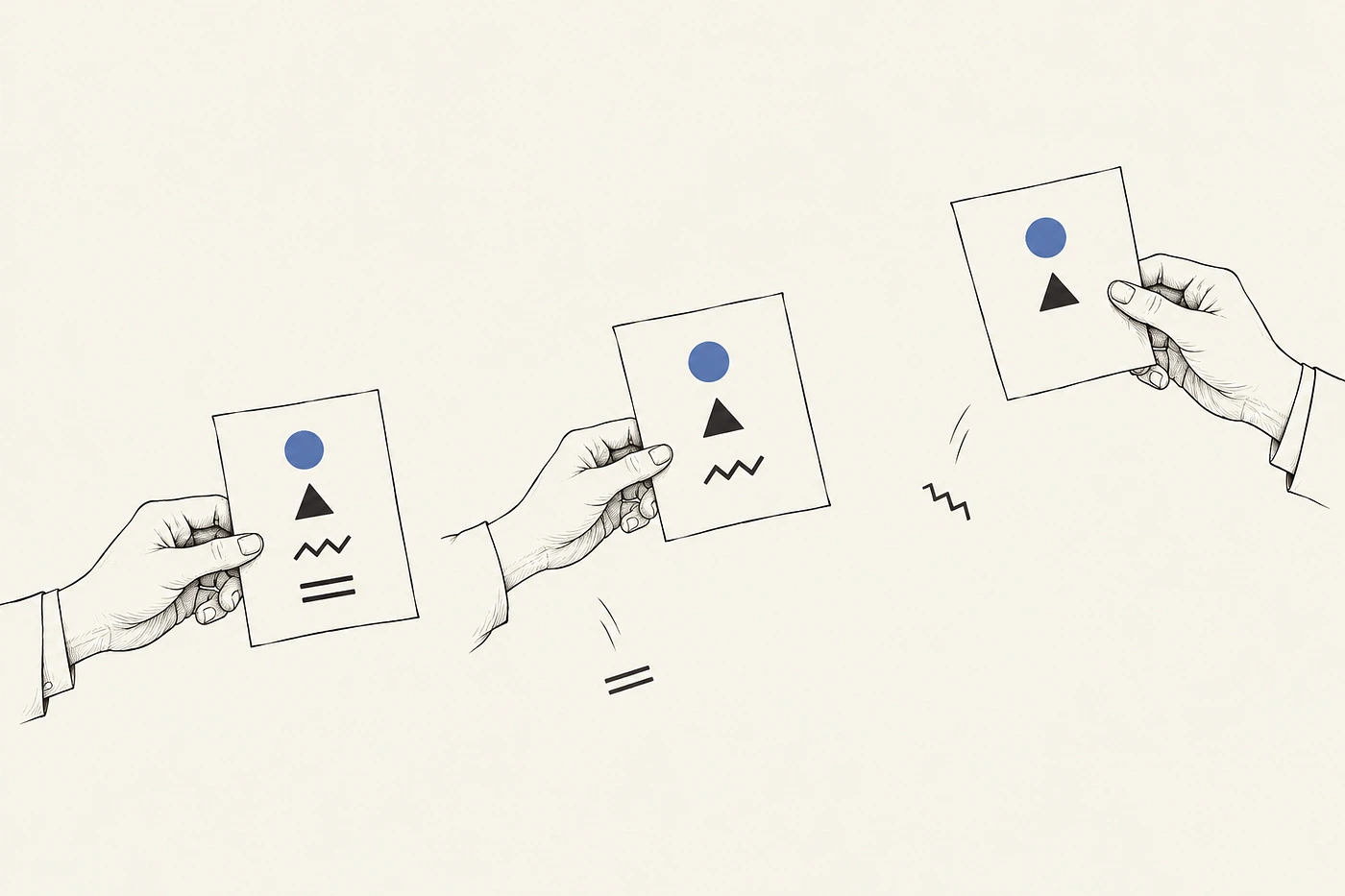 Three hands hold successive reports. Four simple evidence marks become three and then two, while two omitted marks fall between the pages.