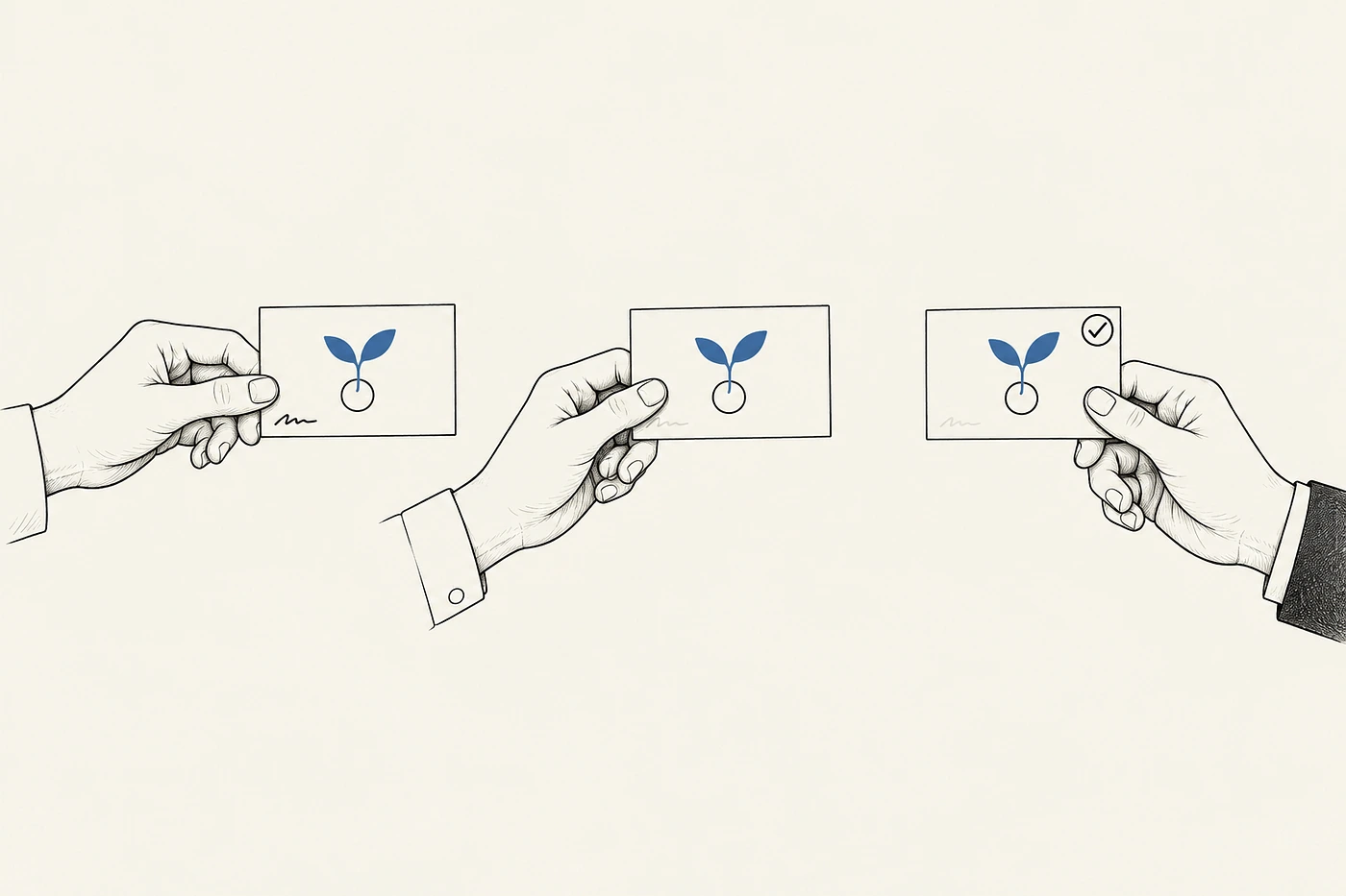 Three hands hold the same blue seedling sketch. Its small signature fades across the sequence, and an approval check appears on the final card.