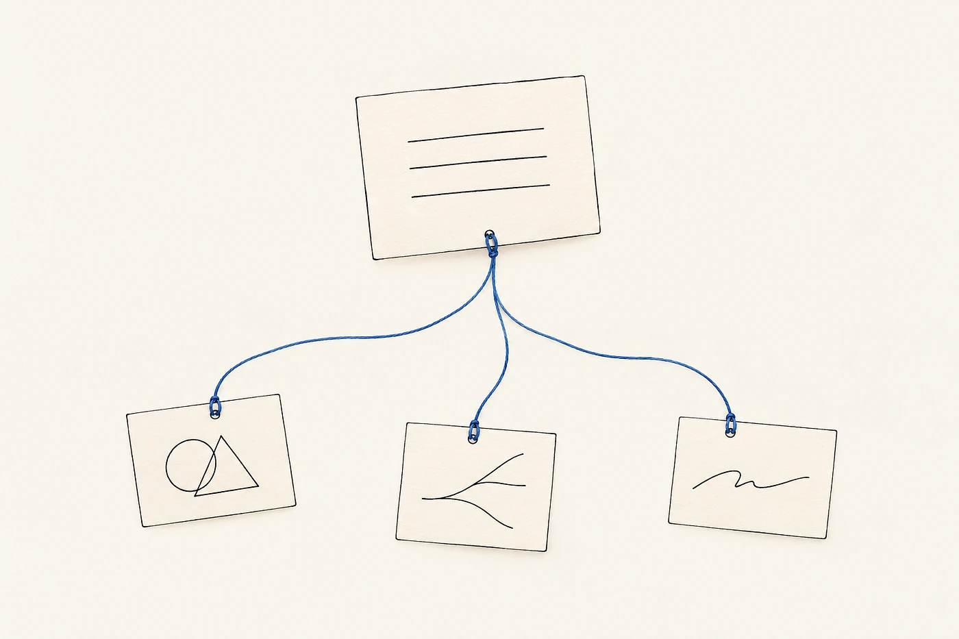 A recommendation card stays connected by blue threads to three source notes showing an observation, an alternative path, and an attribution mark.