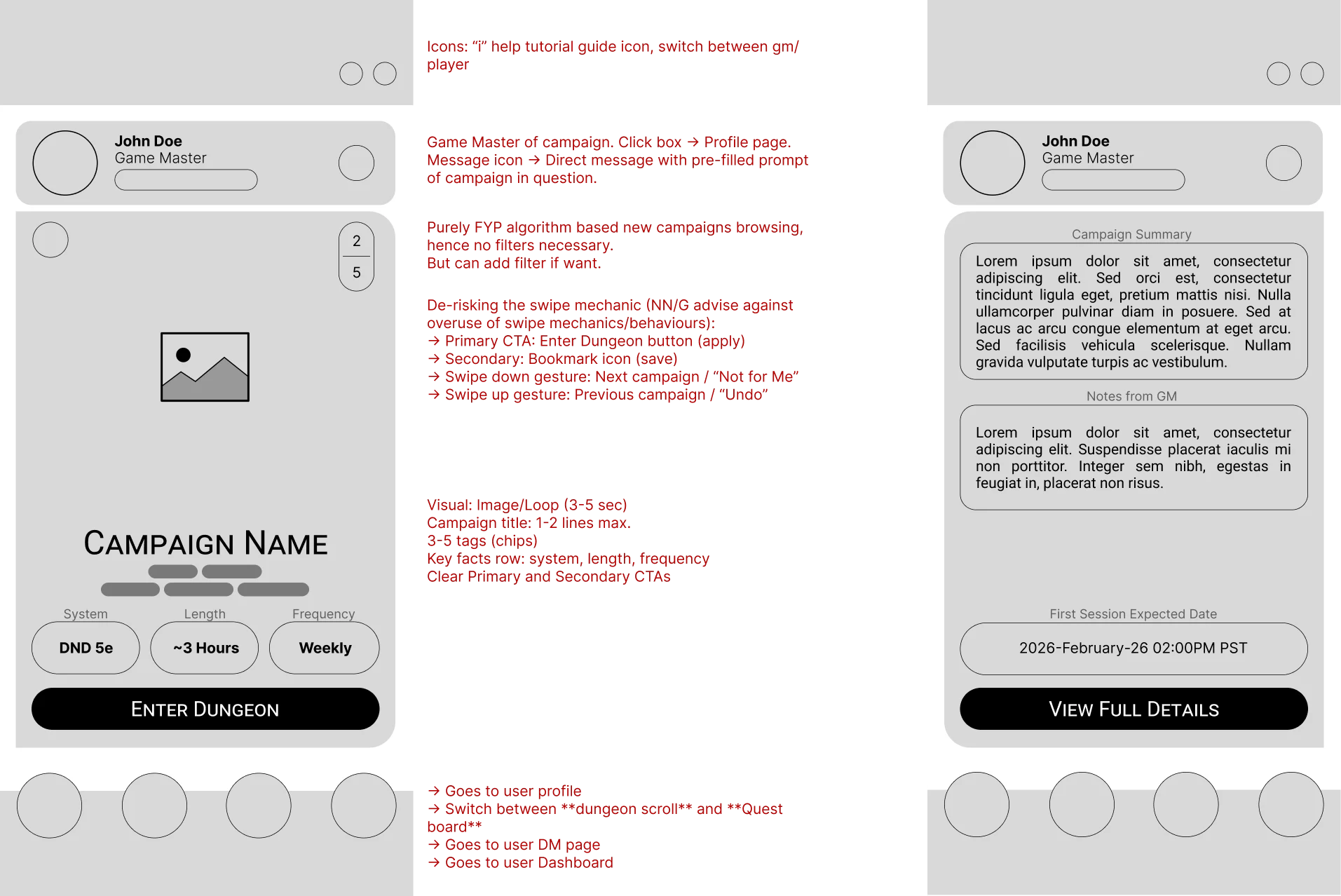 Rin’s early low-fidelity screens with red questions and interaction notes.