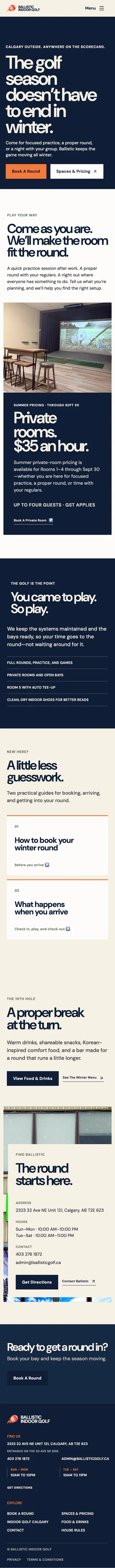 Ballistic mobile homepage, from the winter golf headline to spaces, guides, food, and location