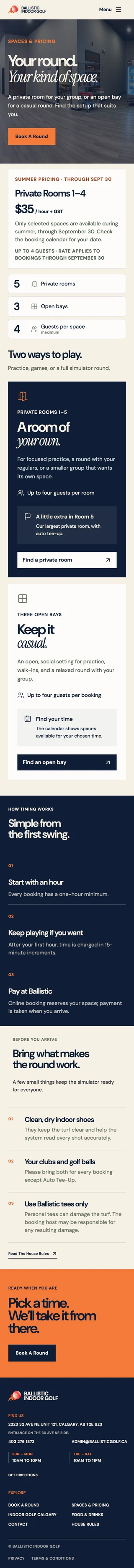 Spaces and pricing page comparing private rooms and open bays