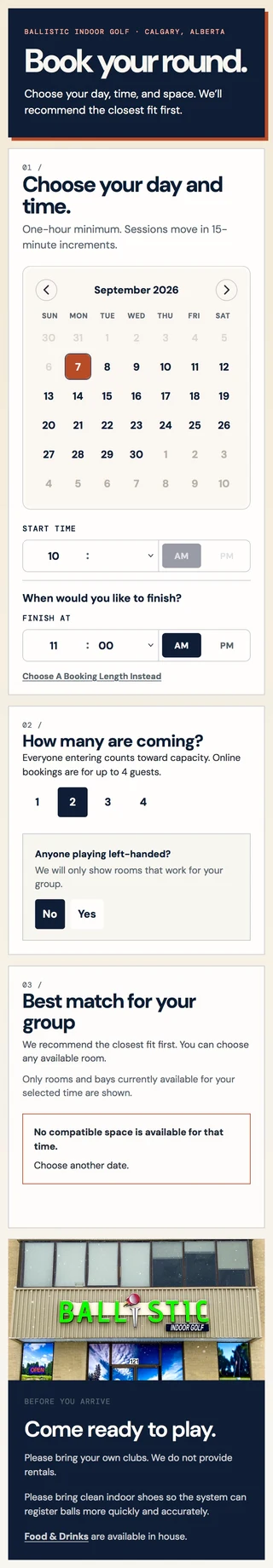 Booking screen with date, session time, guest count, left-handed play, and unavailable-space feedback