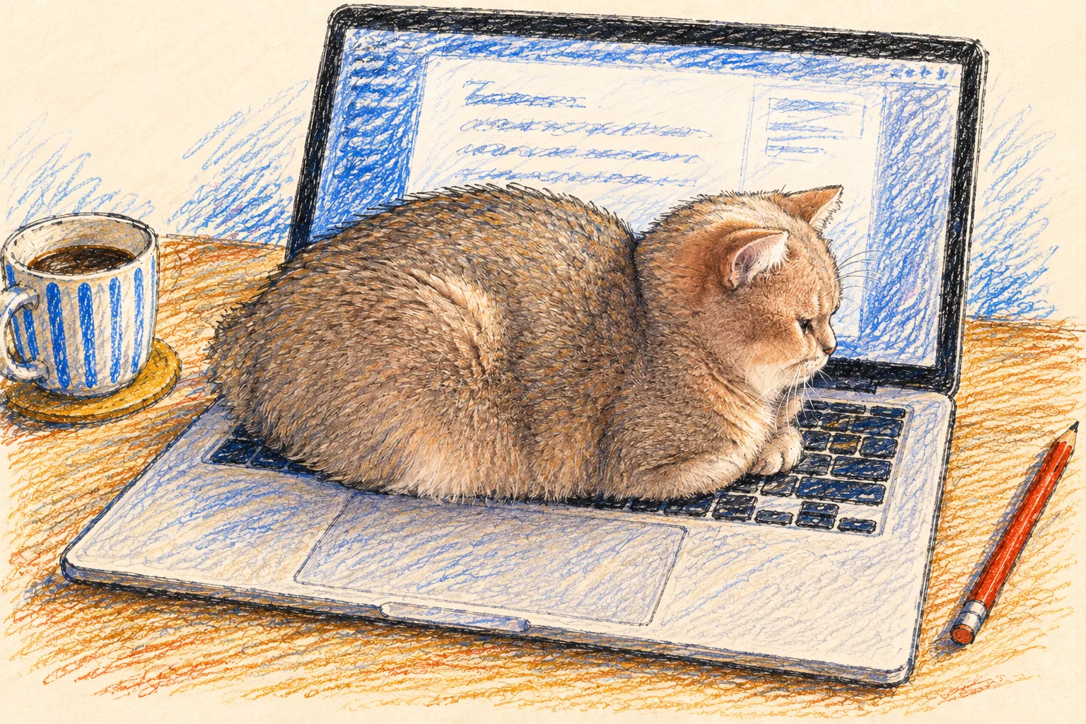 Crayon illustration of Atti resting across the keyboard of an open MacBook.