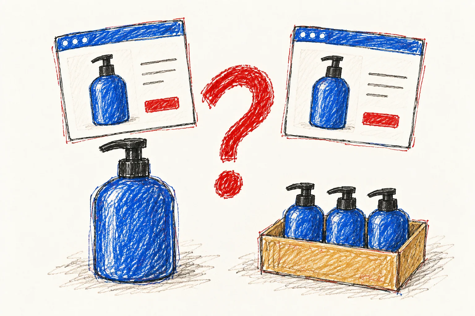 Crayon illustration of two listings showing the same blue pump bottle, with a single bottle and a three-bottle pack below and a question mark between them.