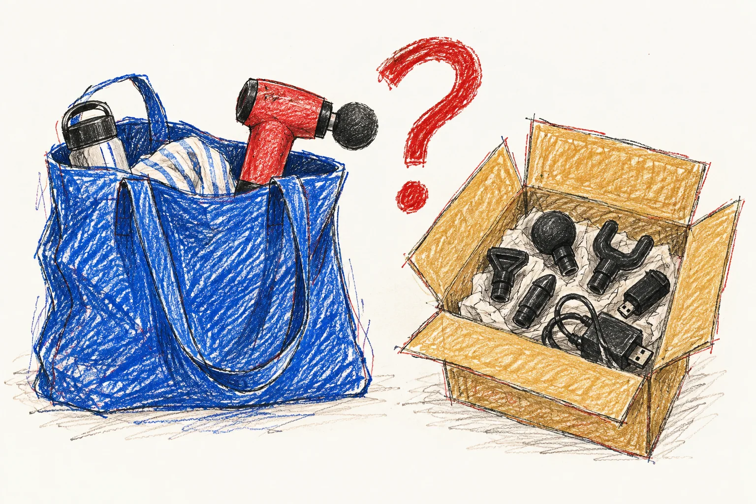 Crayon illustration of a massage gun in a blue tote beside a box of attachments and cables, with a red question mark between them.