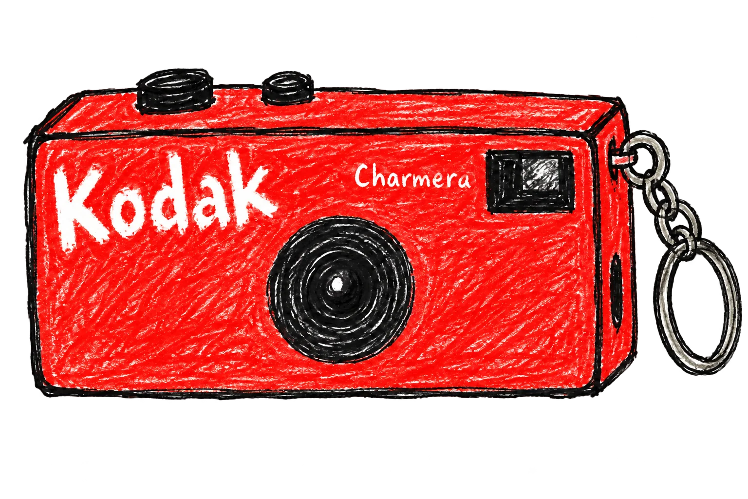 Deliberately rough red-and-black illustration of a red Kodak Charmera keychain camera.