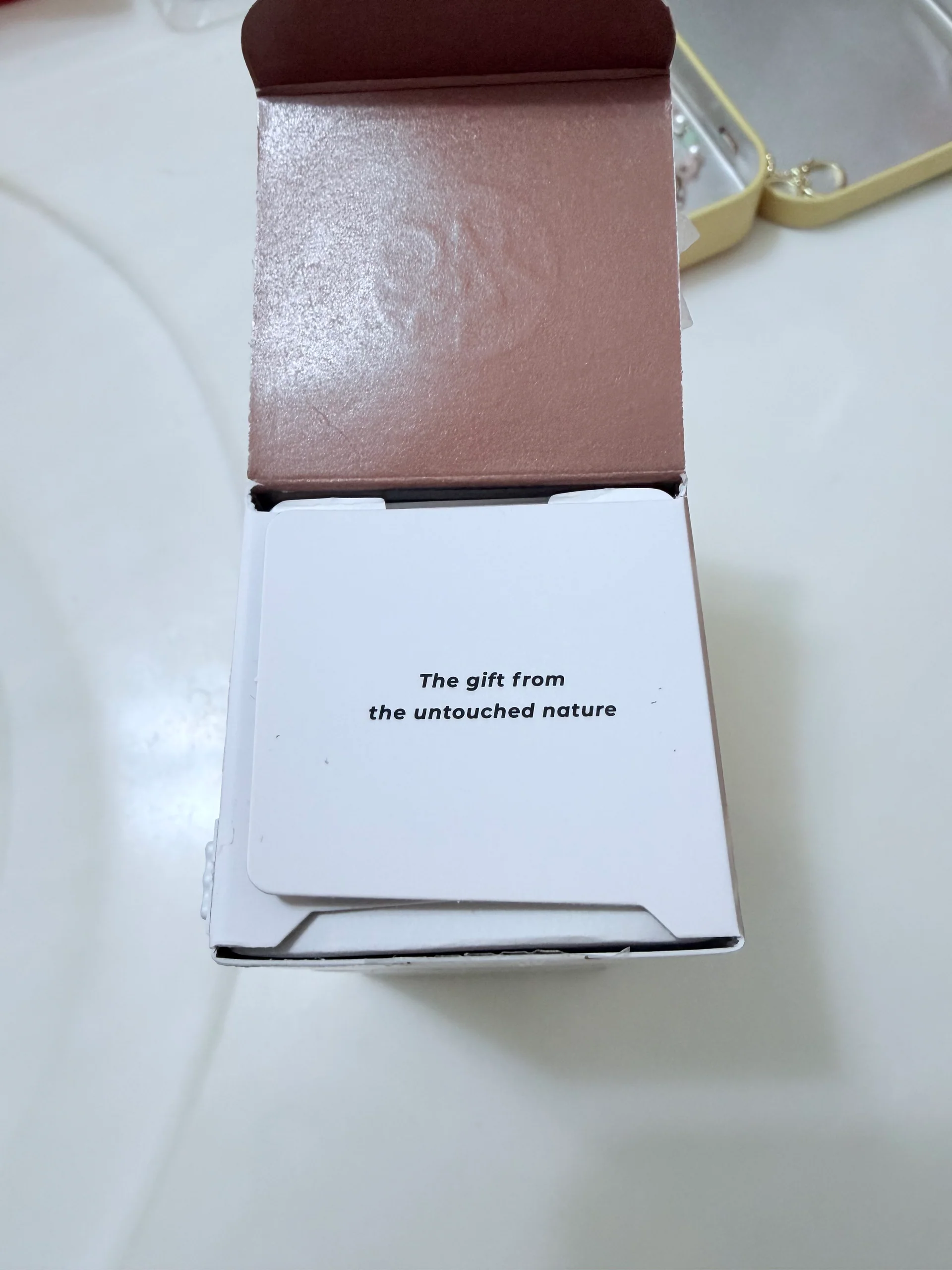 Open brown-lined SKIN1004 carton with The gift from the untouched nature printed on the white inner flap.
